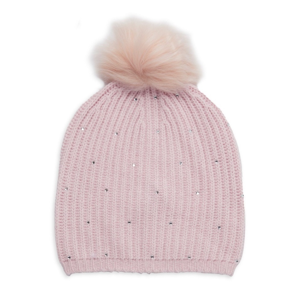 Carolyn Rowan Cashmere Faux Fur Pom-Pom & Embellished Knit Beanie Baby Pink
